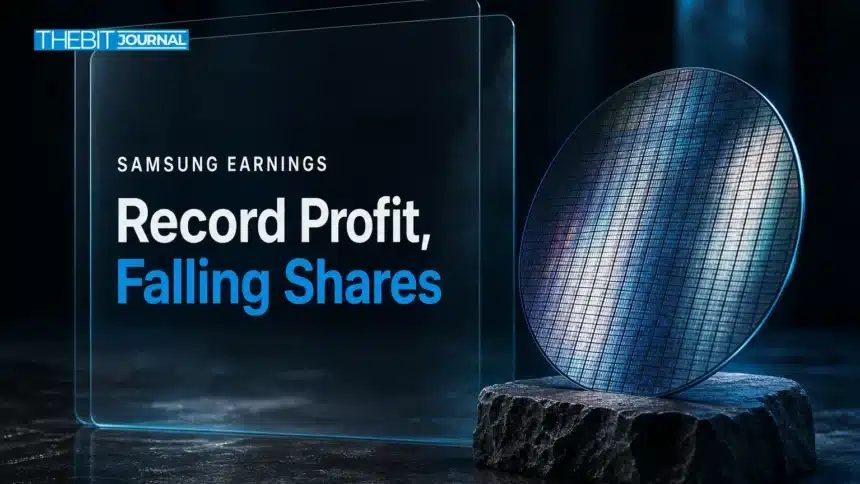 Silicon wafer on a stone pedestal illustrating Samsung stock falling after a record chip-driven quarterly profit