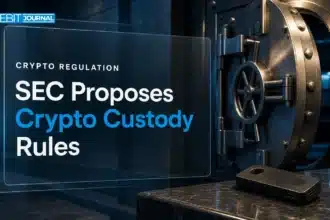 Vault door and hardware key module illustrating the SEC crypto custody proposal for advisers and funds
