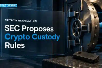 Vault door and hardware key module illustrating the SEC crypto custody proposal for advisers and funds