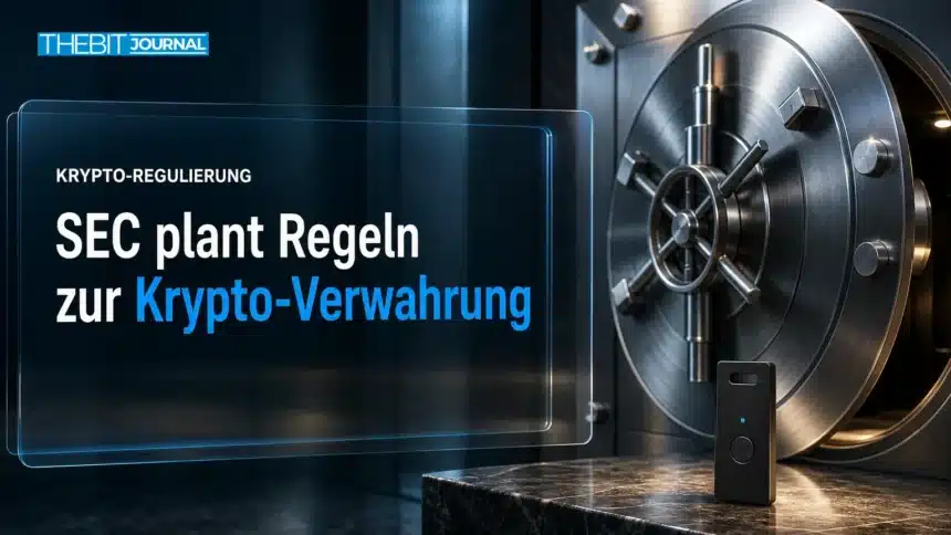 SEC Krypto-Verwahrung: Entwurf könnte Beratern Weg zur Selbstverwahrung öffnen 7 Tresortür und Hardware-Schlüsselmodul als Symbol für die SEC Krypto-Verwahrung bei Beratern und Fonds