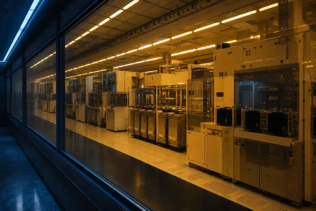 Samsung Stock Slides Despite Record $80 Billion Quarterly Profit 8 Semiconductor cleanroom corridor seen through glass, representing Samsung's memory chip production