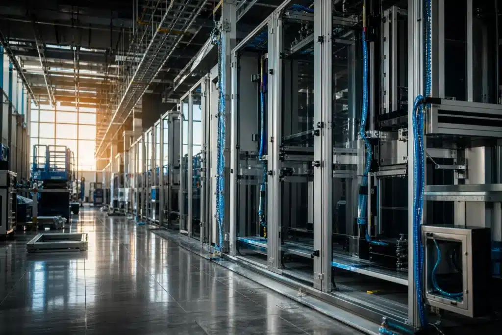 Illustrative unfinished semiconductor production hall with equipment and empty machine bays