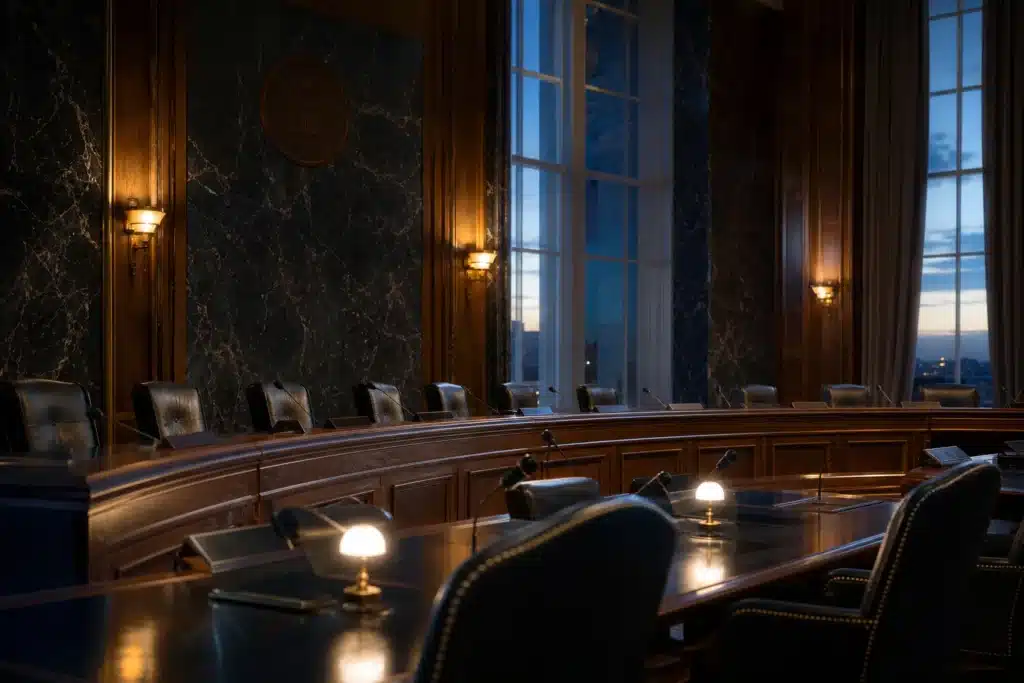 Strategic Bitcoin Reserve Could Grow 'Very Soon,' Says Sen. Hagerty 8 Empty congressional hearing room where crypto market structure legislation is debated