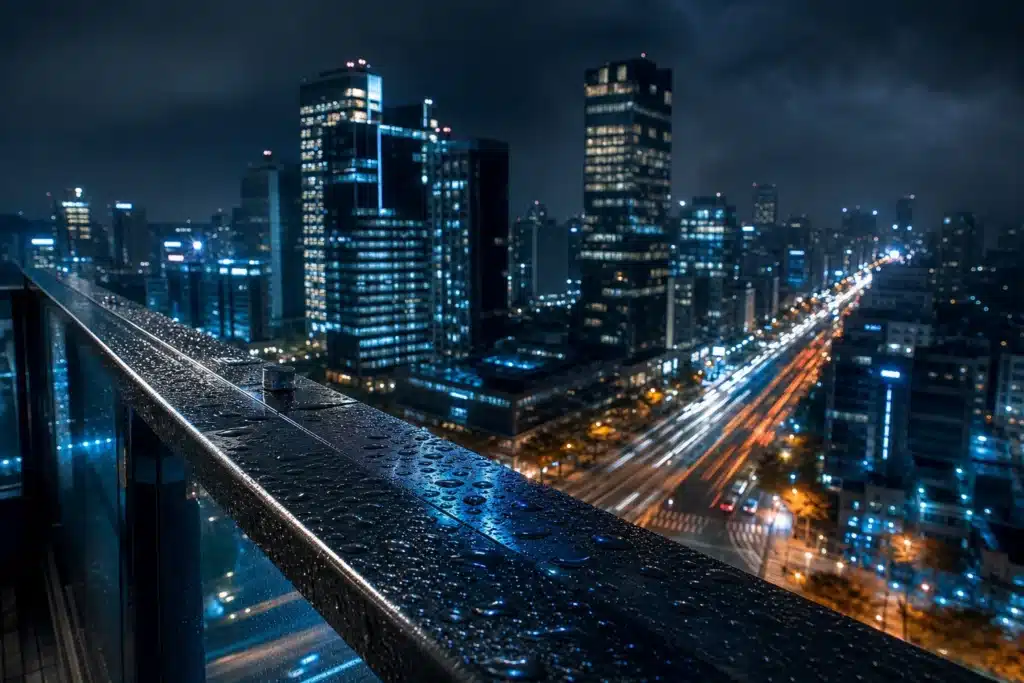 Samsung Stock Slides Despite Record $80 Billion Quarterly Profit 9 Rain-streaked rooftop view of a Seoul office district at night after a KOSPI sell-off