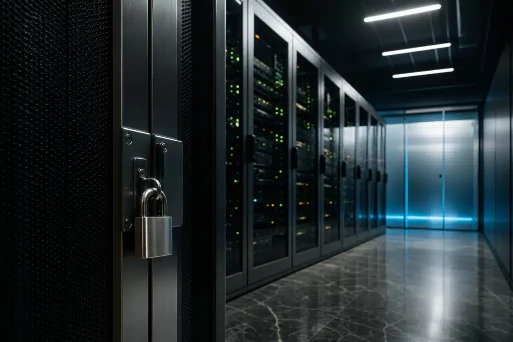 Crypto News Today: Strategy Dividends, RLUSD Rating, Data Leaks 8 Server corridor with a padlocked steel cabinet, illustrating vendor security incidents at crypto exchanges