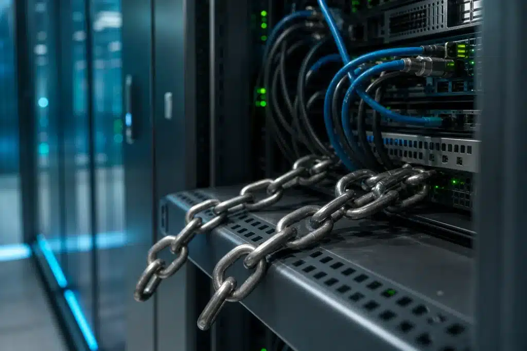 Metal chain resting on a data center server rack symbolising oracle network infrastructure