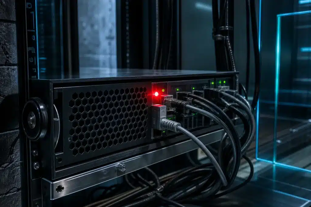 Server rack with a single red warning light glowing among green indicators after a security breach