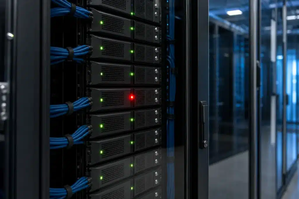 Binance Hack: Bis zu 5,8 Mrd. Dollar weg, Tether und Circle sperren Gelder 8 Serverschrank mit einer einzelnen roten Warn-LED zwischen grünen Lichtern in einem Rechenzentrumsgang
