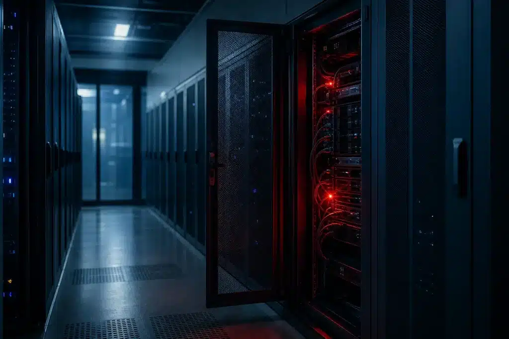 Suspected Binance Hack Sends Bitcoin Below $79,000; Losses Estimated Up to $5.9B 8 Dark server room aisle with an open rack and red warning light, illustrating an exchange hot wallet breach
