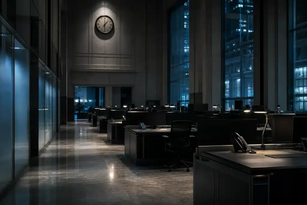 Strategy Daily Dividends Approved With 99.3% of Votes Cast 9 Empty settlement office at night with desk lamps, reflecting weekend settlement of dividends