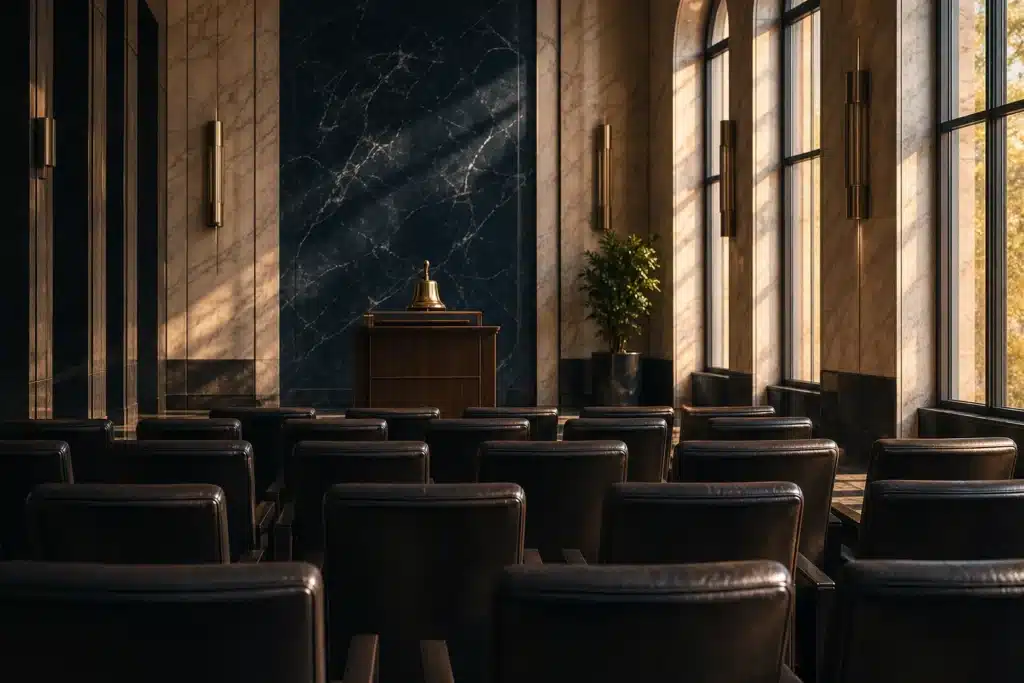 Crypto News Today: Bitwise Lifts BTC Target, Utah Charges Kalshi 8 Empty shareholder meeting hall with leather chairs and a lectern in golden afternoon light