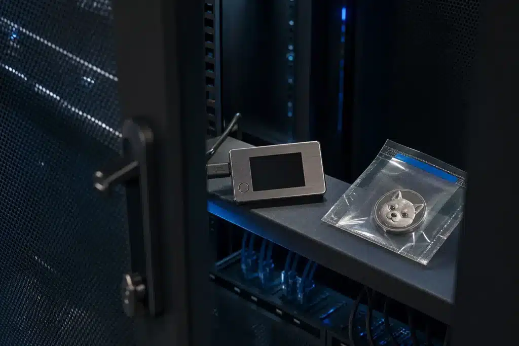 Shiba Inu investment in 2026: What the Evidence Shows 9 Conceptual illustration of a security device and sealed SHIB medallion inside an equipment cabinet