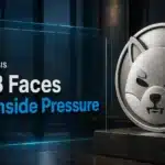 Shiba Inu price analysis illustrated by a steel SHIB emblem in a dim trading office