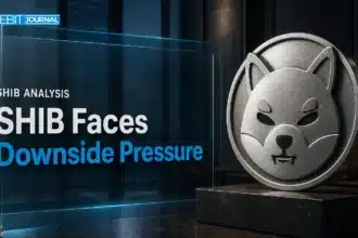 Shiba Inu price analysis illustrated by a steel SHIB emblem in a dim trading office
