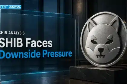 Shiba Inu price analysis illustrated by a steel SHIB emblem in a dim trading office