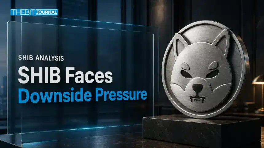 Shiba Inu price analysis illustrated by a steel SHIB emblem in a dim trading office
