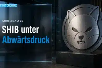 Shiba Inu Kurs im Fokus: Stahlemblem eines Shiba Inu in einem schwach beleuchteten Analysebüro