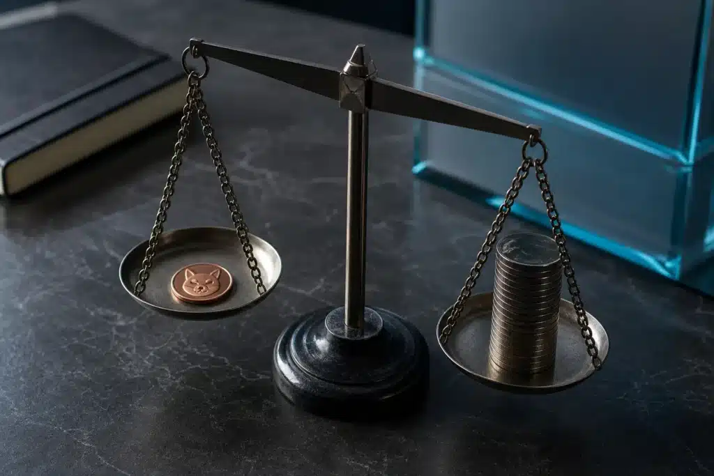 Shiba Inu investment in 2026: What the Evidence Shows 8 Illustrative balance scale contrasting a small SHIB token with a dense stack of metal discs