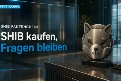Shiba-Inu-Metallemblem neben einer geschlossenen Dokumentenmappe als Symbol für offene Kauffragen