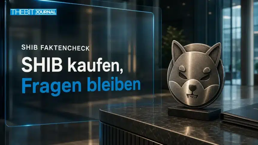 Shiba-Inu-Metallemblem neben einer geschlossenen Dokumentenmappe als Symbol für offene Kauffragen