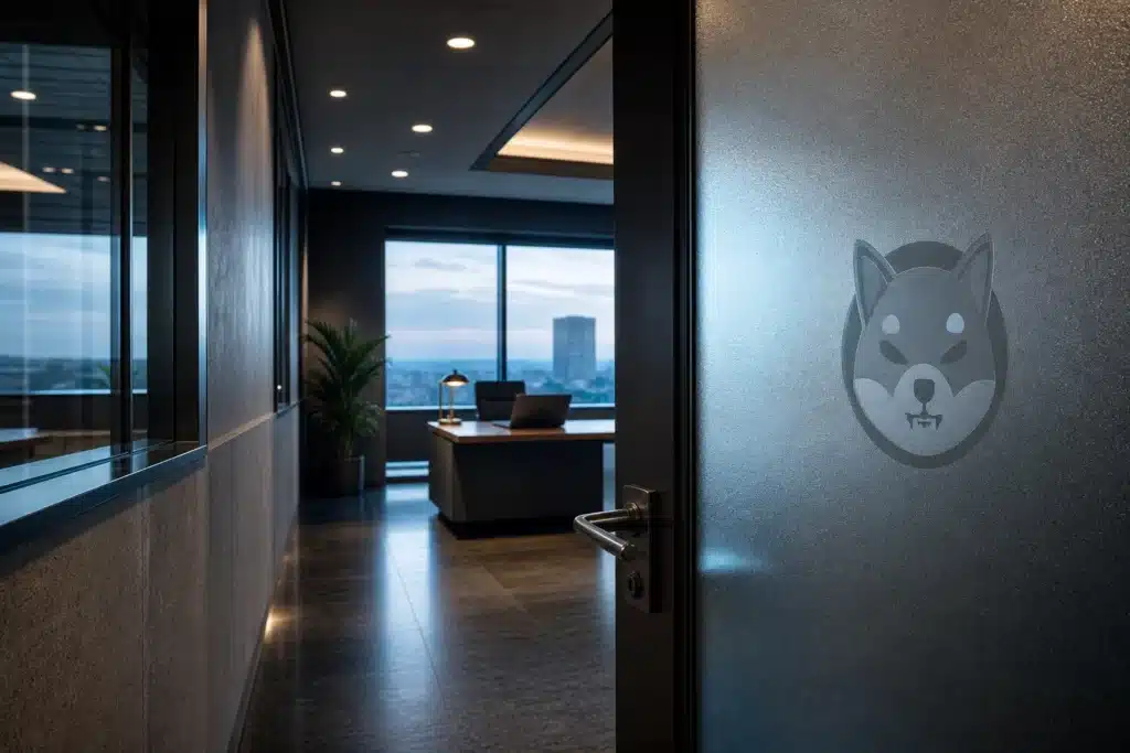 Shiba Inu price: U.Today Flags Three Bearish Signals Near Support 9 Etched Shiba Inu emblem on a glass door outside an empty financial research office