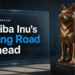 Copper Shiba Inu sculpture in a dim gallery illustrating the Shiba Inu price prediction 2026-2030