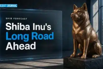 Copper Shiba Inu sculpture in a dim gallery illustrating the Shiba Inu price prediction 2026-2030