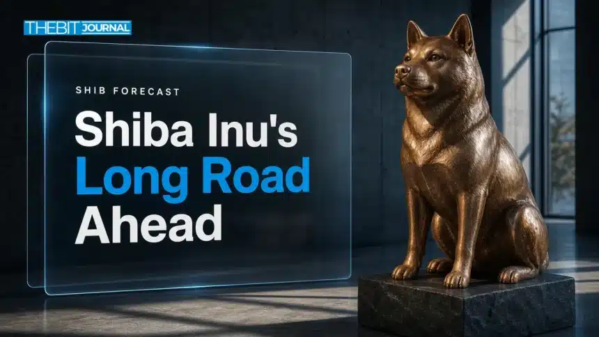 Shiba Inu Price Prediction 2026-2030: SHIB Scenarios, Key Levels and Risks 7 Copper Shiba Inu sculpture in a dim gallery illustrating the Shiba Inu price prediction 2026-2030