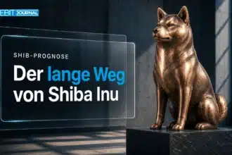 Kupferne Shiba-Inu-Skulptur in einer dunklen Galerie als Motiv zur Shiba Inu Prognose 2030