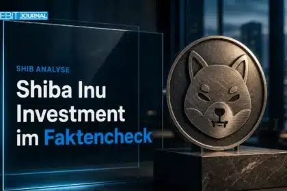 Shiba Inu Investment auf dem Prüfstand: SHIB-Metallplakette unter einer Inspektionslampe
