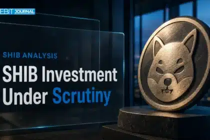 Shiba Inu investment analysis illustrated by a metal SHIB emblem under an inspection light