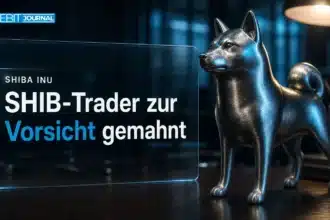 Shiba Inu Liquidationen: Metallskulptur eines Shiba Inu auf einem nächtlichen Trading-Desk