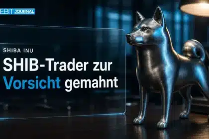 Shiba Inu Liquidationen: Metallskulptur eines Shiba Inu auf einem nächtlichen Trading-Desk