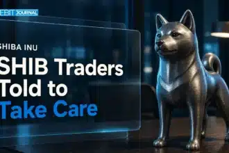 Metal Shiba Inu sculpture on a night trading desk after the Shiba Inu liquidation wave