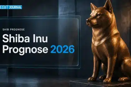 Kupferskulptur eines Shiba Inu in einer dunklen Galerie zur Shiba Inu Prognose 2026