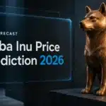 Copper Shiba Inu sculpture in a dim gallery illustrating Shiba Inu price prediction 2026