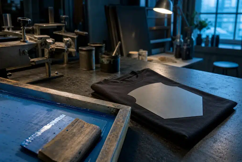 Illustrative screen-printing tools and a gauge stencil beside a folded dark shirt