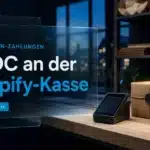 Shopify USDC: Zahlungsterminal und Versandkarton auf der Arbeitsplatte eines Onlinehändlers