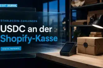Shopify USDC: Zahlungsterminal und Versandkarton auf der Arbeitsplatte eines Onlinehändlers