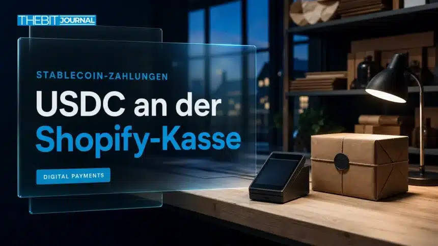 Shopify USDC: Zahlungsterminal und Versandkarton auf der Arbeitsplatte eines Onlinehändlers