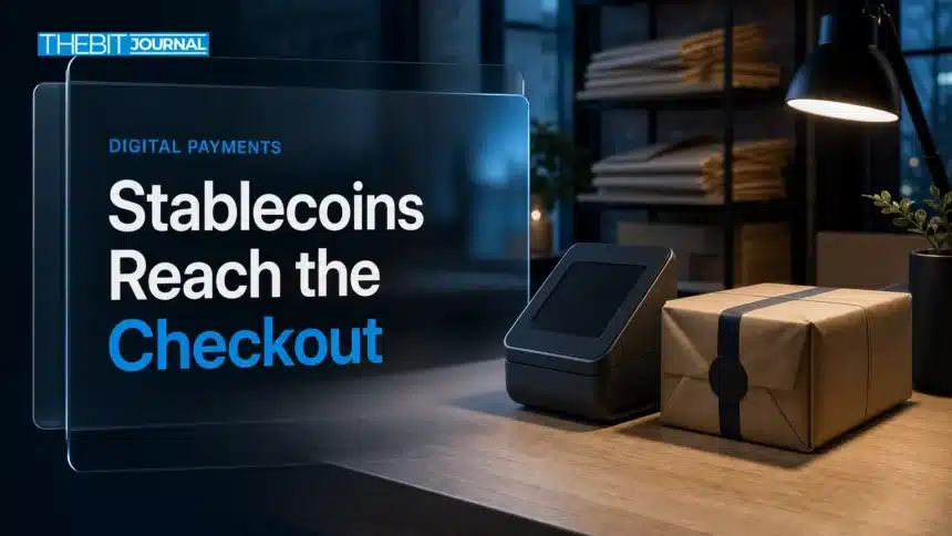 Shopify USDC checkout concept with a payment terminal and parcel in a merchant packing studio