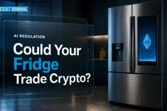 Smart refrigerator glowing in a dark kitchen, illustrating the CFTC AI agents debate