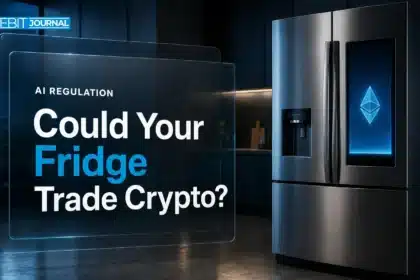 Smart refrigerator glowing in a dark kitchen, illustrating the CFTC AI agents debate