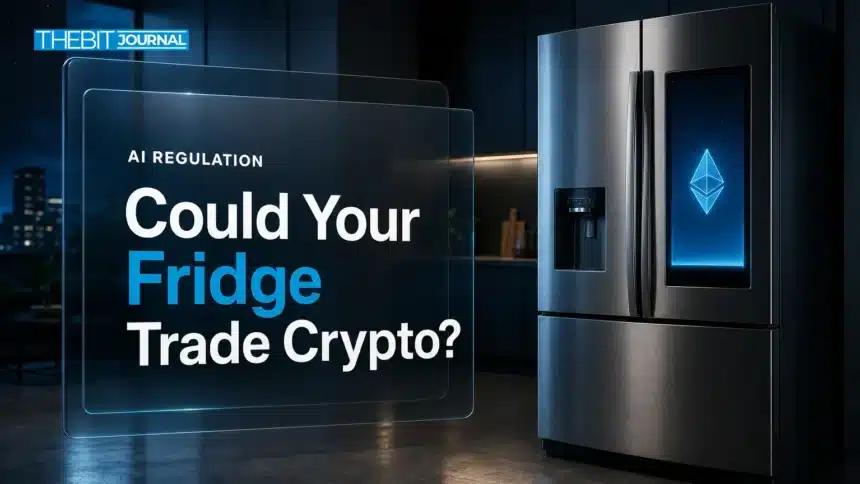 Smart refrigerator glowing in a dark kitchen, illustrating the CFTC AI agents debate