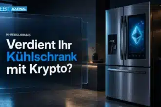 Smarter Kühlschrank leuchtet in einer dunklen Küche, Symbolbild zur Debatte um CFTC KI-Agenten