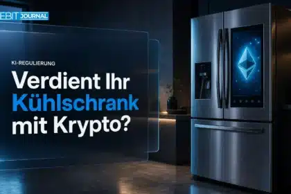 Smarter Kühlschrank leuchtet in einer dunklen Küche, Symbolbild zur Debatte um CFTC KI-Agenten