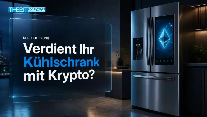 CFTC KI-Agenten: Selig sagt, Kühlschränke könnten Ether staken 7 Smarter Kühlschrank leuchtet in einer dunklen Küche, Symbolbild zur Debatte um CFTC KI-Agenten
