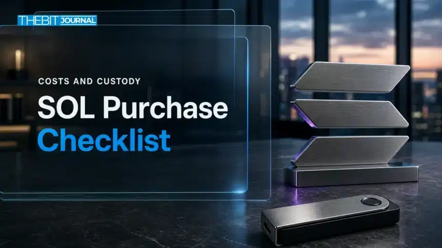 How to Buy Solana (SOL): Questions About Costs and Custody 7 Illustrative desk scene with a Solana symbol sculpture and hardware wallet