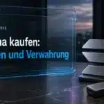 Solana kaufen: Metallskulptur des Solana-Symbols neben einer Hardware-Wallet auf einem Schreibtisch