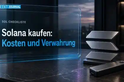 Solana kaufen: Metallskulptur des Solana-Symbols neben einer Hardware-Wallet auf einem Schreibtisch